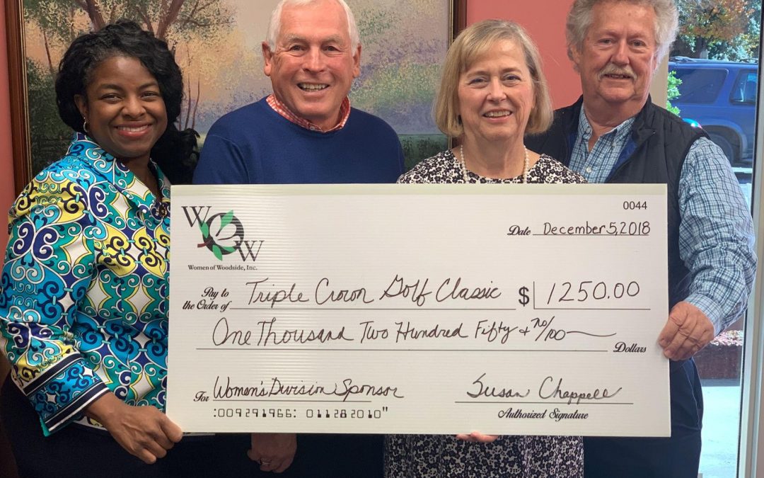 Pictured, from left: Carmen Landy, CEO of Helping Hands; Ron Jones, Triple Crown Golf Committee chairman; Chris Jakubec, president of Women of Woodside; and Ralph Courtney, executive director of Tri-Development.