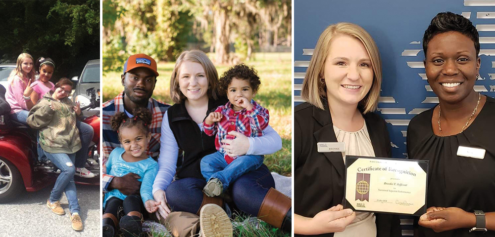 Photos of Brooke as a child, with her family, and at work